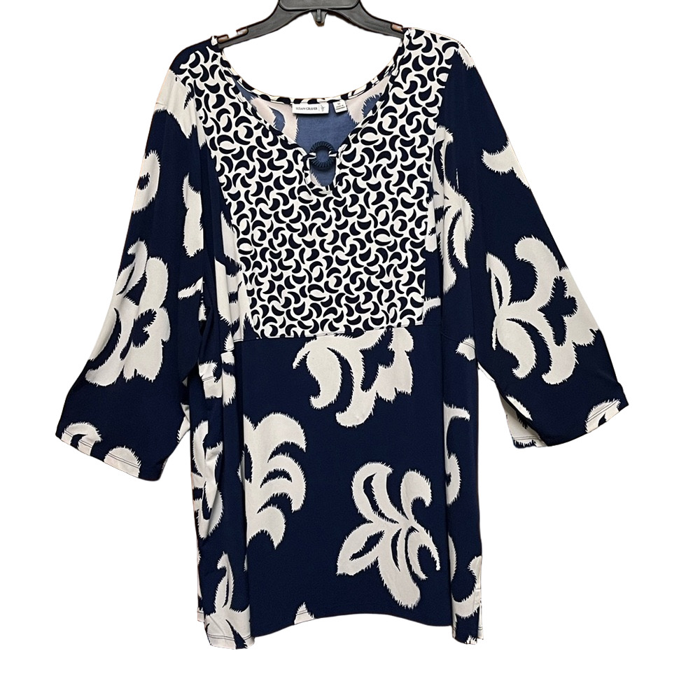 Susan Graver Blue and White 3/4 Sleeve lightweight Womens Blouse Plus size 3X